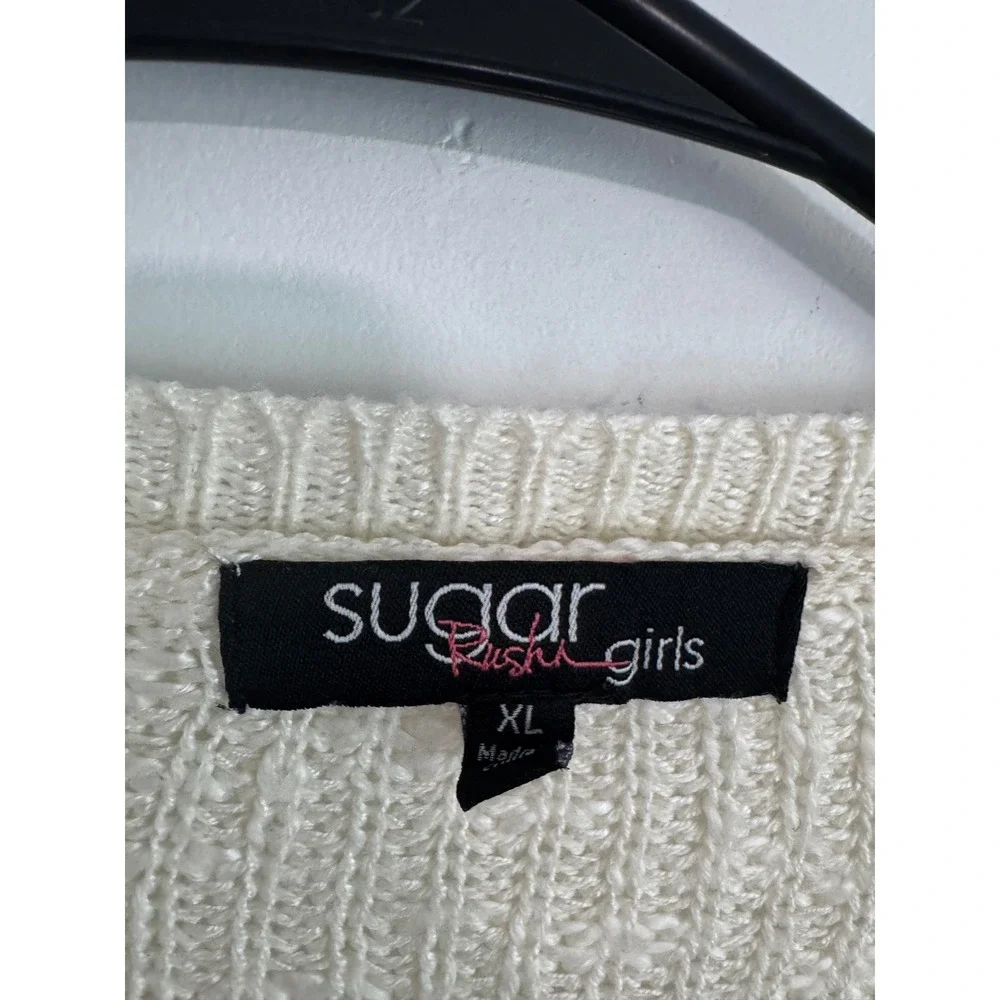Sugar Rush Girls Ivory Open Front Cardigan Lace Trim Knit Sweater XL RN 69377